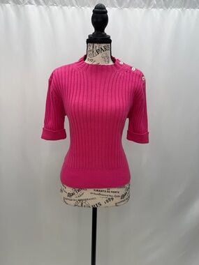 Liz Claiborne Hot Pink Ribbed Short Sleeve Sweater with Shoulder Buttons